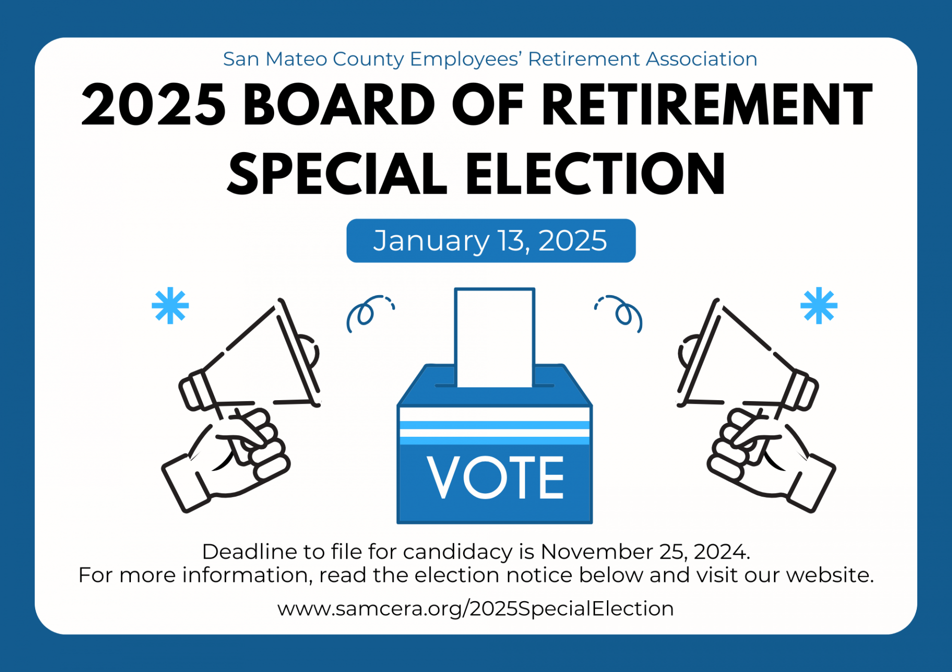 2025 Board of Retirement Special Election banner with a vote box graphic surrounding by doodle and two loudspeaker graphics