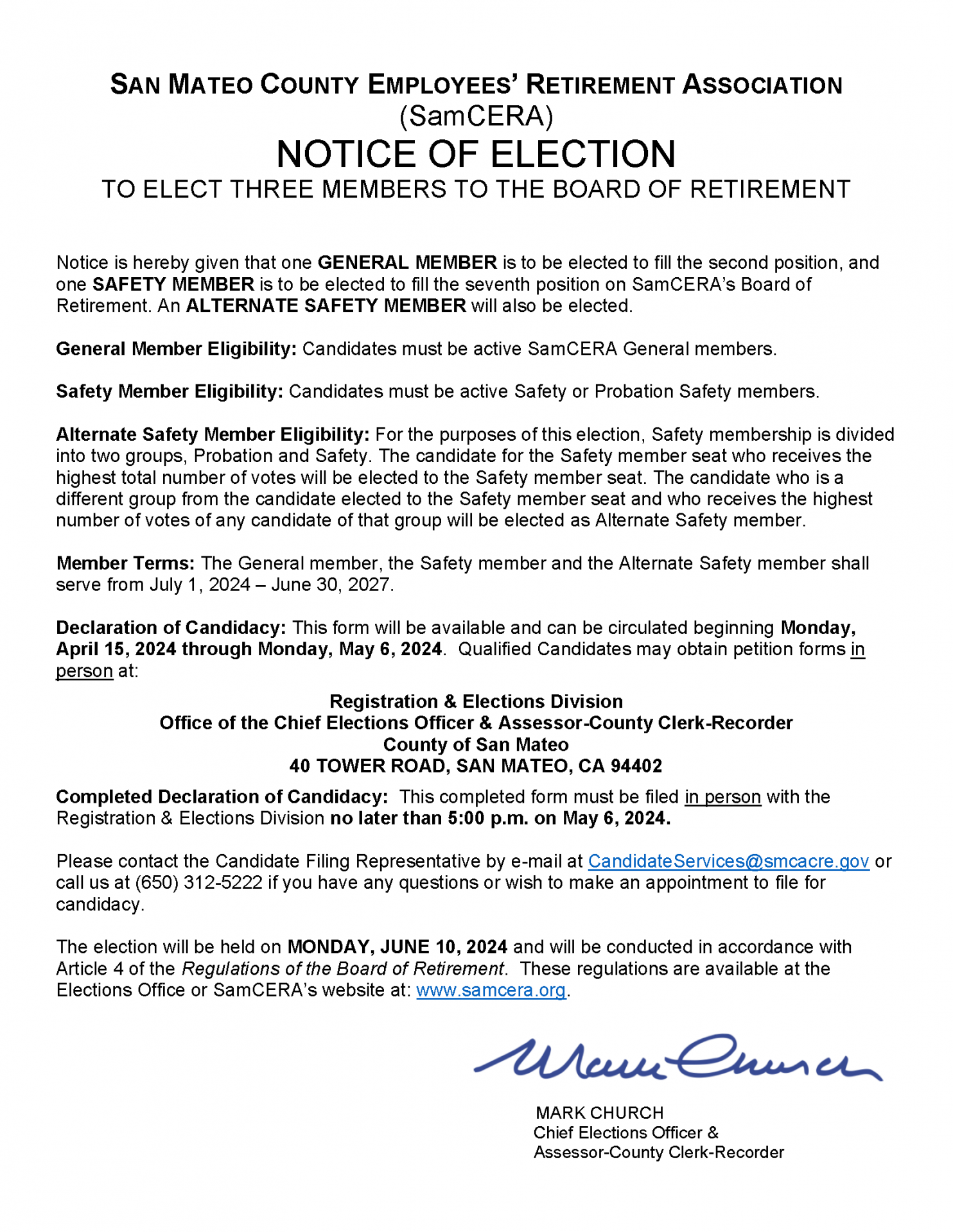 2022 Notice of Election for SamCERA Board of Retirement